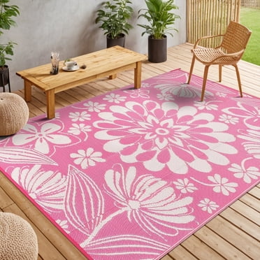 LOKHOM 9'x12' Pink Outdoor Rug Waterproof Reversible Plastic Straw Mat for Camping RV, Porch, Balcony, Backyard