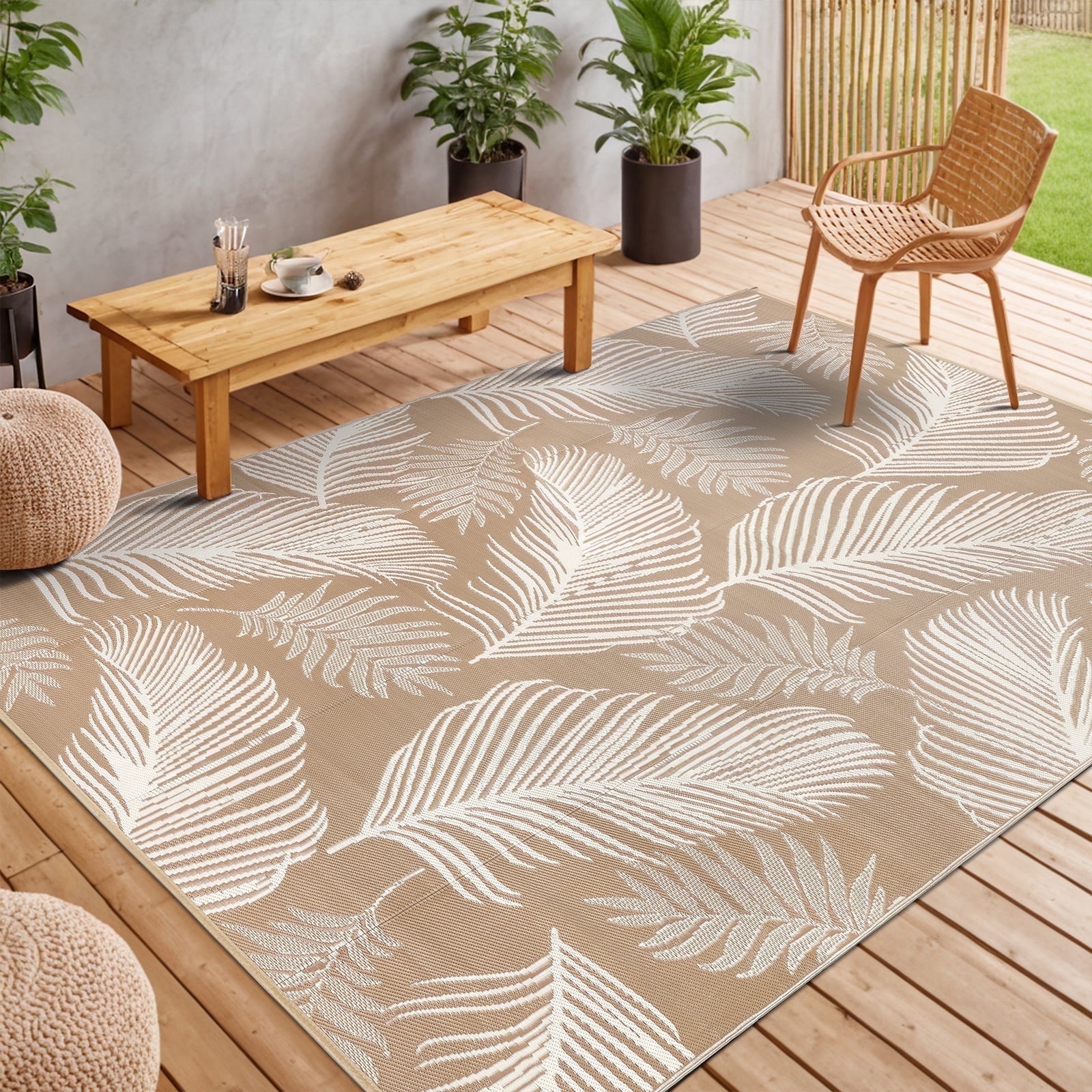 LOKHOM 9'x12' Beige Outdoor Rug, Waterproof, Reversible, UV