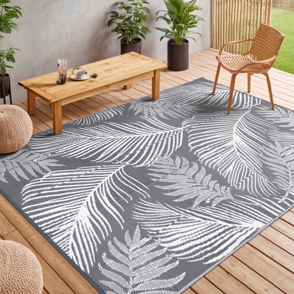 LOKHOM 9'x12' Gray Outdoor Rug Waterproof Reversible Plastic Straw Rug for Patios,Porch,RV,Beach
