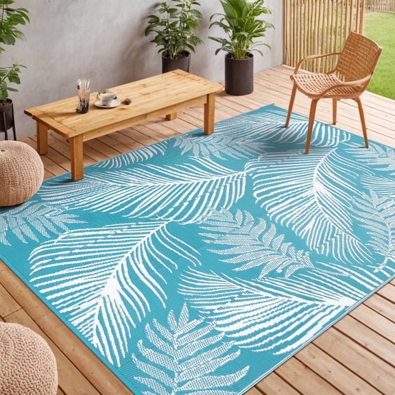 LOKHOM 8'x10' Teal Outdoor Rug Waterproof Reversible Geometric Carpet for RV,Patio,Balcony,Camper,Porch