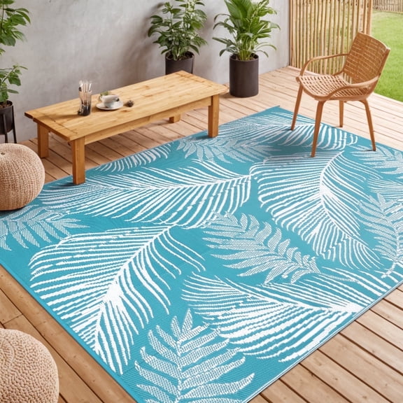 LOKHOM 8'x10' Teal Outdoor Rug Waterproof Reversible Geometric Carpet for RV,Patio,Balcony,Camper,Porch