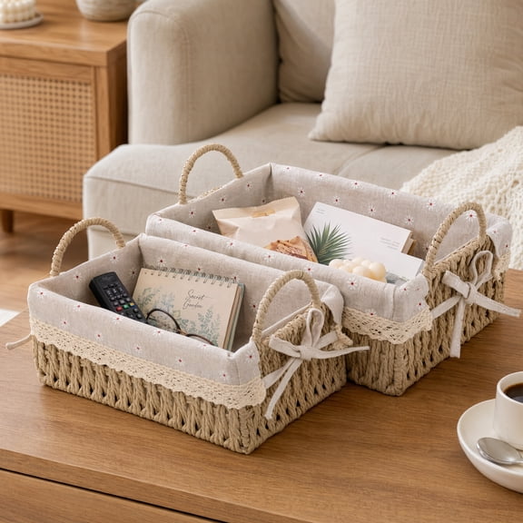 LOKHOM Small Wicker 2 Sets Storage Baskets for Organizing, Decorative Woven Baskets with Handles with Liners