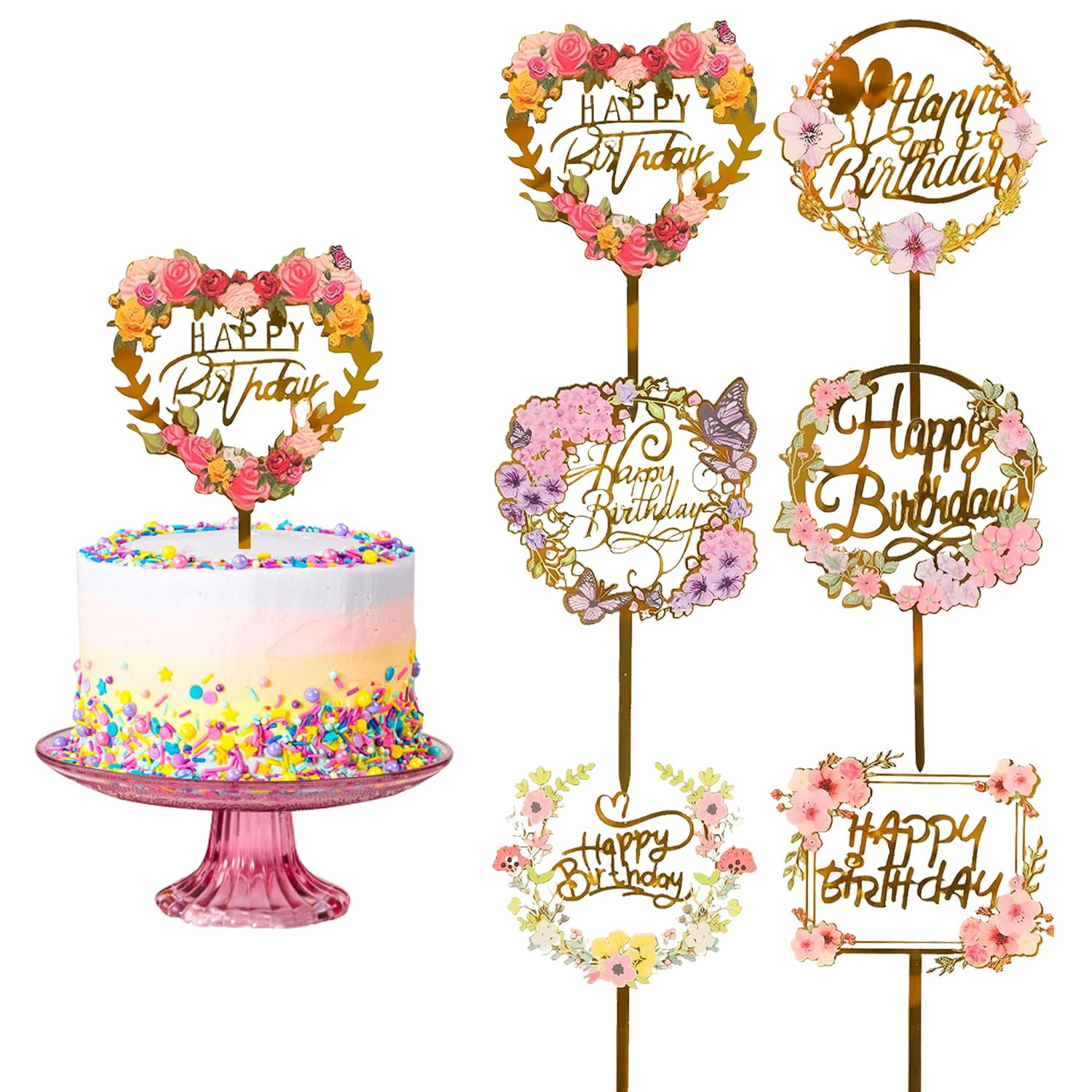 LOKIPA 6PCS Gold Happy Birthday Cake Toppers - Acrylic Cupcake Toppers For Party Decorations