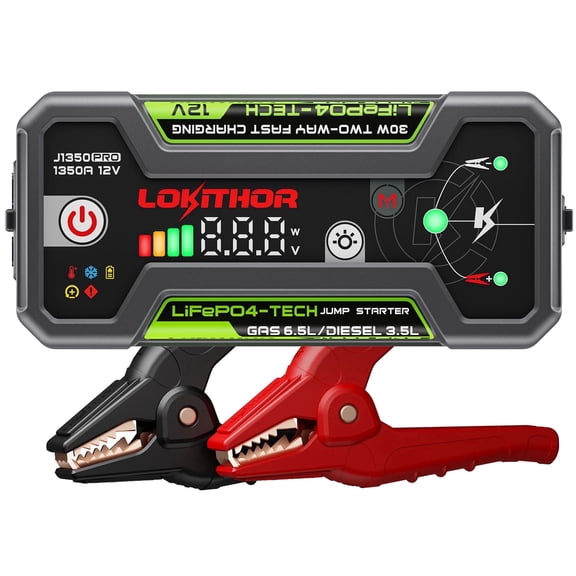 LOKITHOR J1350 PRO LiFePO4 Jump Starter 1350A 12V with 30W Two-Way Fast Charging for 6.5L Gas / 3.5L Diesel