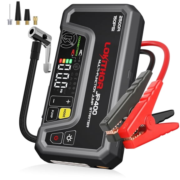 LOKITHOR JP400 2500A Car Jump Starter with 150PSI Air Compressor for 8.5L Gas/6.5L Diesel, 12V Battery Booster, Tire Inflator, Power Bank, LED Light