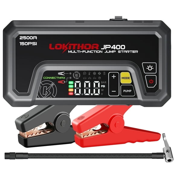 LOKITHOR JP400 Jump Starter with Air Compressor, 2500A 12V Car Battery Jumper Starter Portable (8.5L Gas/6.5L Diesel) with ConnectMax Tech, 150PSI Tire Inflator, Auto-Shutoff & Dynamic Dwell