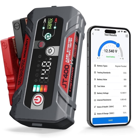 LOKITHOR JT400 4-in-1 2500A 12V Car Jump Starter with 100-2000 CCA Bluetooth Battery Tester, 8000mAh Power Bank, LED Light for 8.5L Gas / 6.5L Diesel