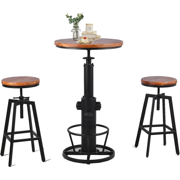 LOKKHAN 3-Piece Bar Table & Chairs Set Height Adjustable, Space-Saving Furniture for Modern Living Dining Pub Garden, Industrial Black Metal & Round Swivel Top in Rustic Brown Wood, Heavy Duty
