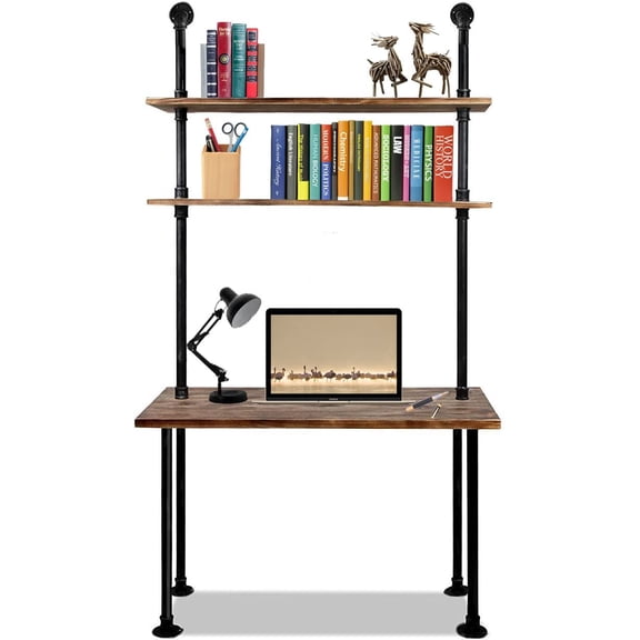 LOKKHAN 79-inch Industrial Laptop Desk Solid Wood Computer Desk Wall Pipe Desk with Shelves Computer Table for Home Office (L:40 inch)