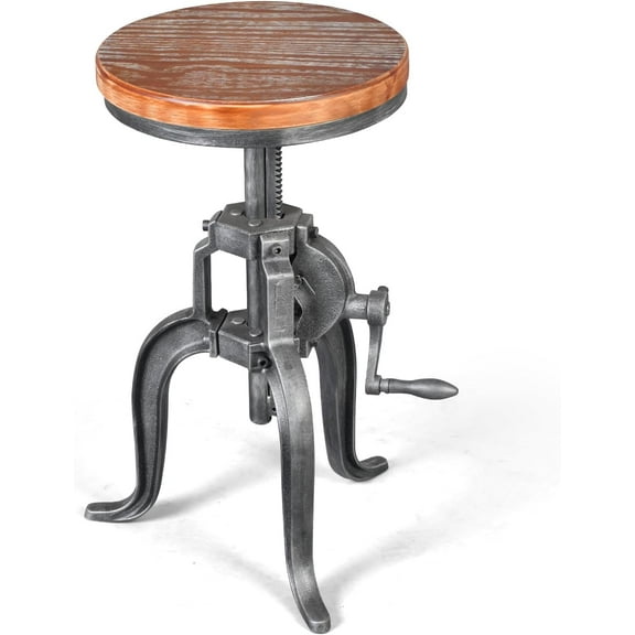 LOKKHAN American Antique Steampunk Deco Vintage Bar Cafe Stool, Retro Stylish 3-Leg Cast Iron Base Swivel Round Wood Top, Easily Adjusts by Crank Handle