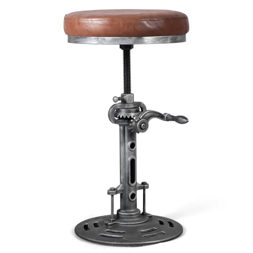 LOKKHAN American Antique Steampunk Deco Vintage Industrial Bar Cafe Stool, Retro Stylish Cast Iron Base Swivel Round Leather Top, Easily Adjusts by Crank Handle