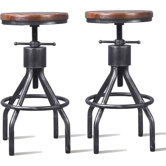 LOKKHAN Set of 2 Industrial Bar Stool-Vintage Adjustable Round Wood Metal Swivel Bar Stool-Cast Iron-23-30 Inch Tall Counter Bar Height Farmhouse Kitchen Stools