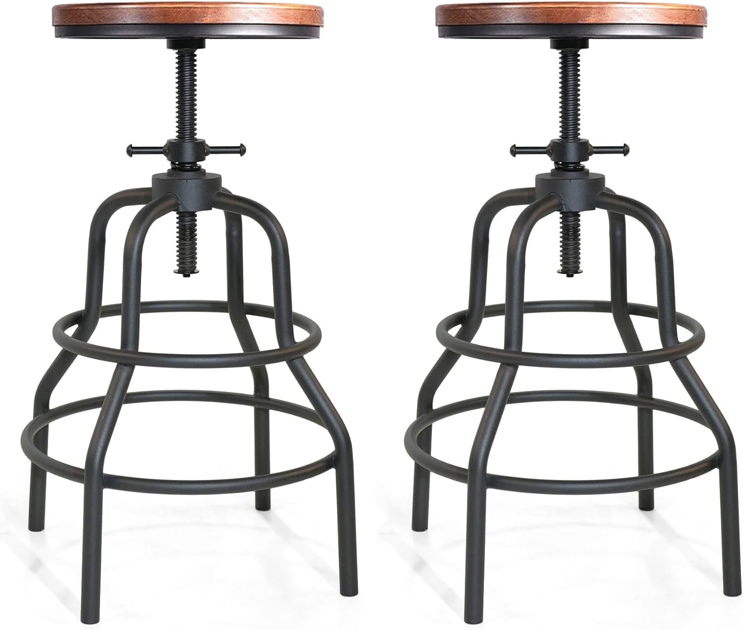 Adjustable Rustic Brown Pine and Black Metal Bar Stools, Set of 2