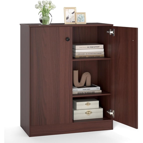 LOKO 2-Door Storage Cabinet, Modern Floor Cabinet with 3-Tier Shelf, Freestanding Side Cabinet with Anti-Toppling Device, Storage Organizer for Living Room, Kitchen, Dining Room, Entryway (Brown)