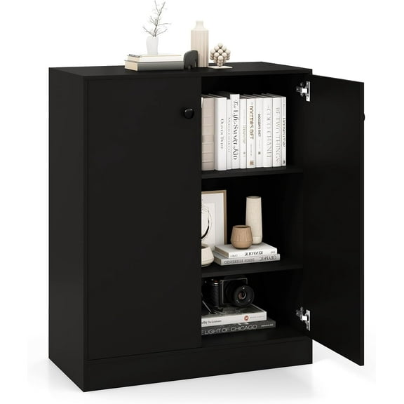 LOKO 2-Door Storage Cabinet, Modern Floor Cabinet with 3-Tier Shelf, Freestanding Side Cabinet with Anti-Toppling Device, Storage Organizer for Living Room, Kitchen, Dining Room, Entryway (Black)