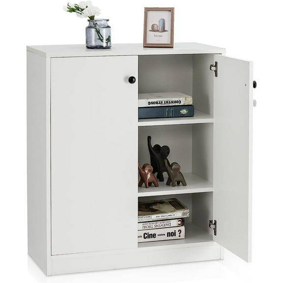 LOKO 2-Door Storage Cabinet, Modern Floor Cabinet with 3-Tier Shelf, Freestanding Side Cabinet with Anti-Toppling Device, Storage Organizer for Living Room, Kitchen, Dining Room, Entryway (White)
