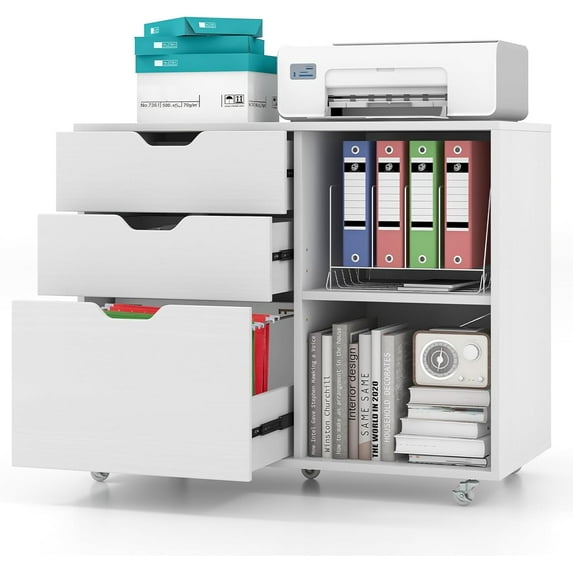 LOKO 3-Drawer File Cabinet, Mobile Printer Stand Cabinet with Adjustable Shelf, Rolling Lateral Filing Cabinet with Wheels for Letter, A4, Legal Size, for Home Office Organization (White)