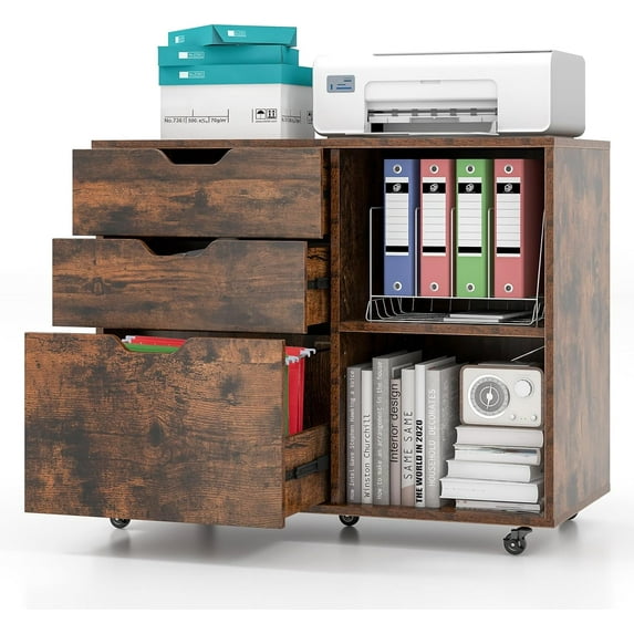 LOKO 3-Drawer File Cabinet, Mobile Printer Stand Cabinet with Adjustable Shelf, Rolling Lateral Filing Cabinet with Wheels for Letter, A4, Legal Size, for Home Office Organization (Rustic Brown)