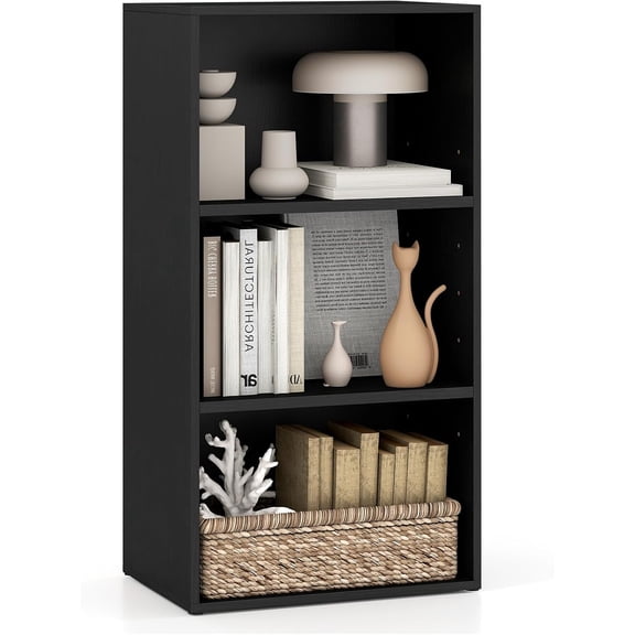 LOKO 3-Tier Cube Bookcase, Modern Open Bookshelf with Adjustable Shelves, Floor Standing Cubby Display Cabinet, Wooden Modular Storage Organizer for Living Room, Study, Home Office(1, Black)