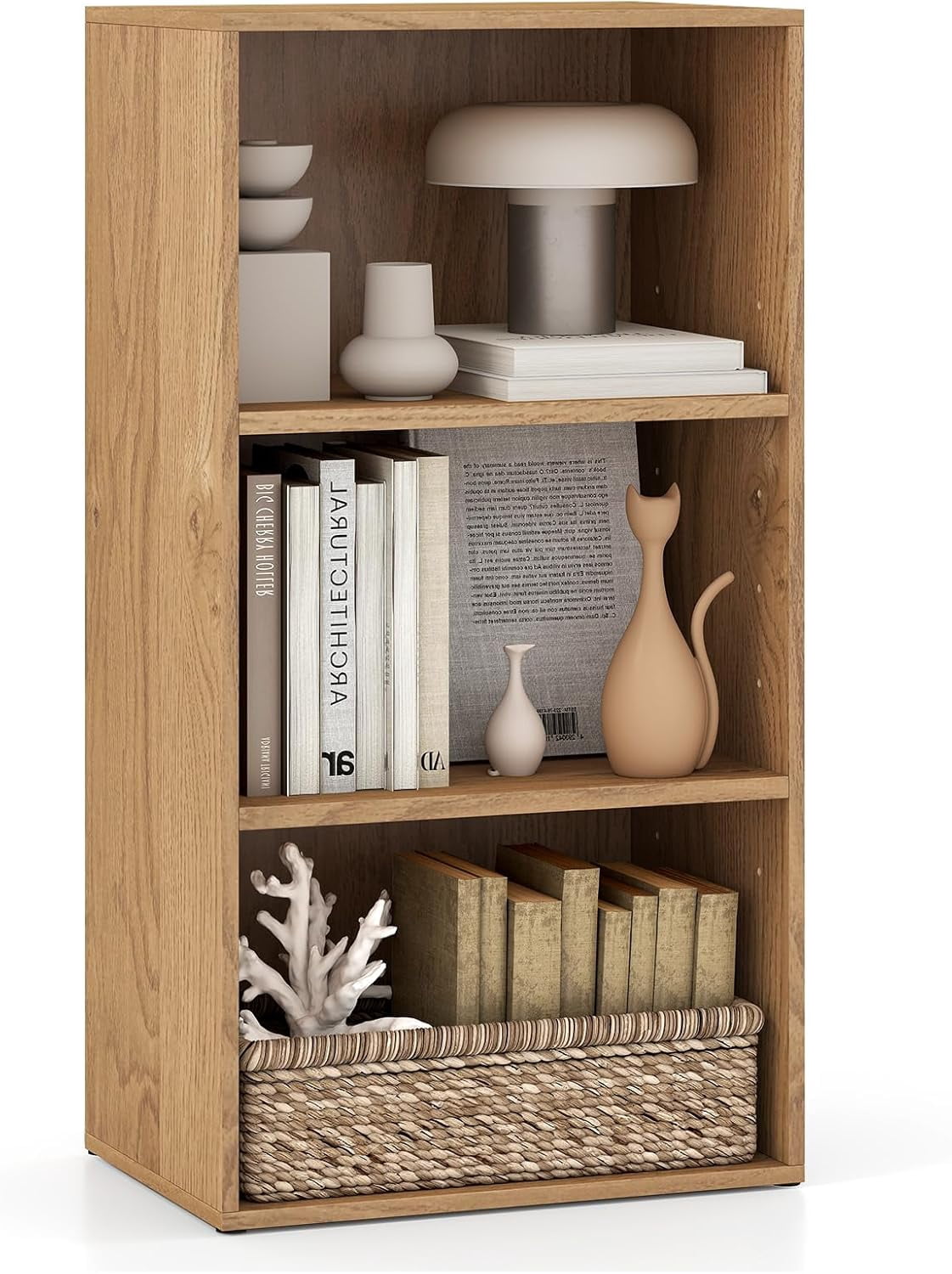 LOKO 3-Tier Cube Bookcase, Modern Open Bookshelf with Adjustable Shelves, Floor Standing Cubby Display Cabinet, Wooden Modular Storage Organizer for Living Room, Study, Home Office (1, Natural)