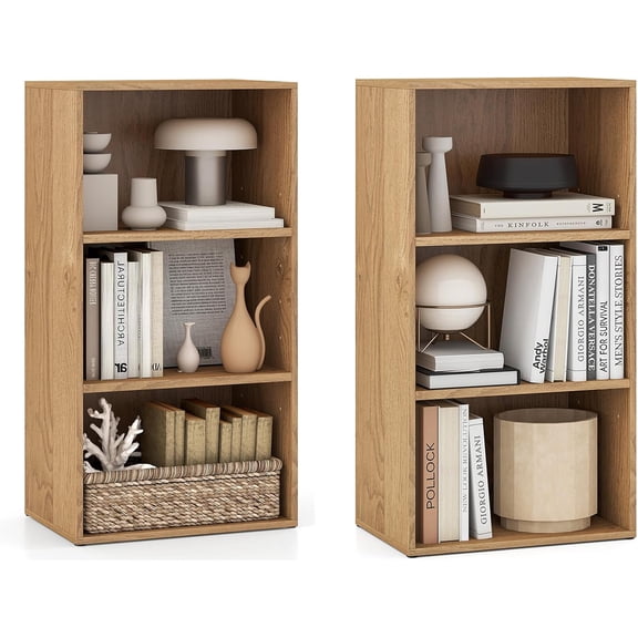 LOKO 3-Tier Cube Bookcase Set of 2, Modern Open Bookshelf with Adjustable Shelves, Floor Standing Cubby Display Cabinet, Modular Storage Organizer for Living Room, Study, Home Office (2, Natural)