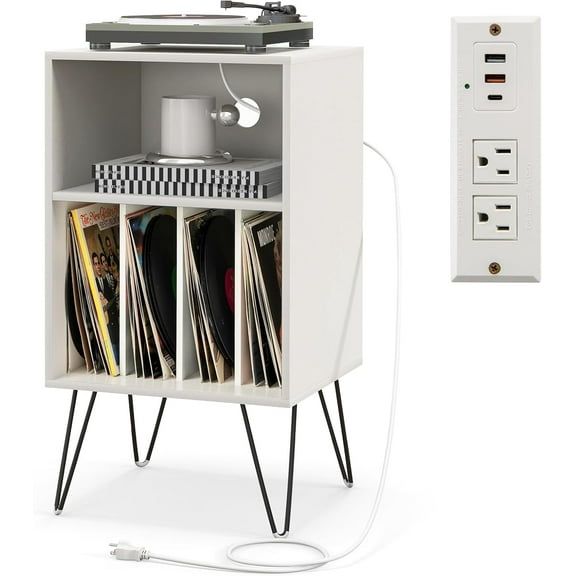 LOKO 3-Tier Record Player Stand, Turntable Stand with Charging Station, Vinyl Record Storage Table with Shelf & 4 Dividers, Turntable Display Shelf for Living Room, Bedroom (White)