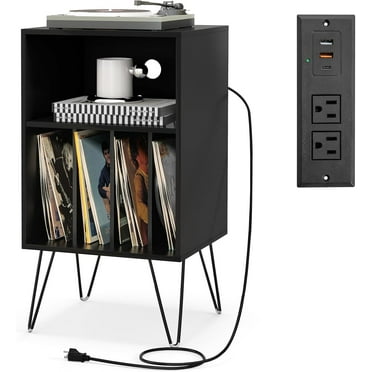 LOKO 3-Tier Record Player Stand, Turntable Stand with Charging Station, Vinyl Record Storage Table with Shelf & 4 Dividers, Turntable Display Shelf for Living Room, Bedroom (Black)