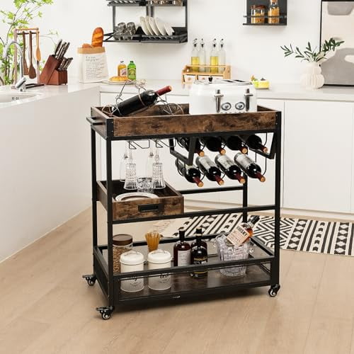 LOKO 3-Tier Rolling Bar Cart, Industrial Buffet Serving Trolley Cart ...