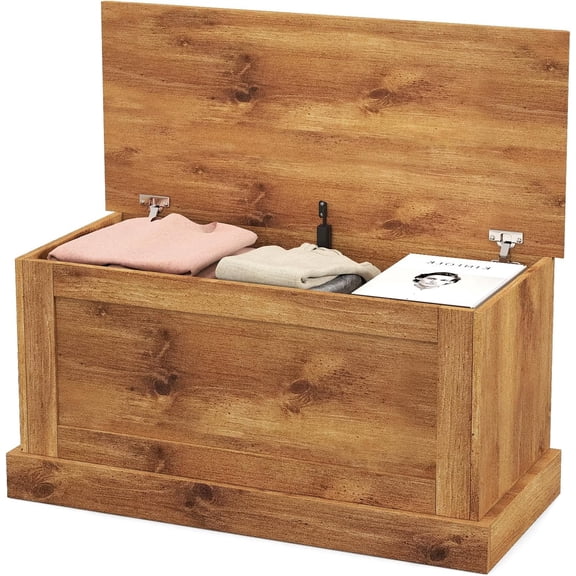 LOKO 35.5” Storage Chest, Lift Top Storage Box with Metal Hinges, Entryway Storage Bench with Safety Hydraulic Strut, Large Farmhouse Storage Trunk for Living Room, Bedroom, Entryway (Oak)