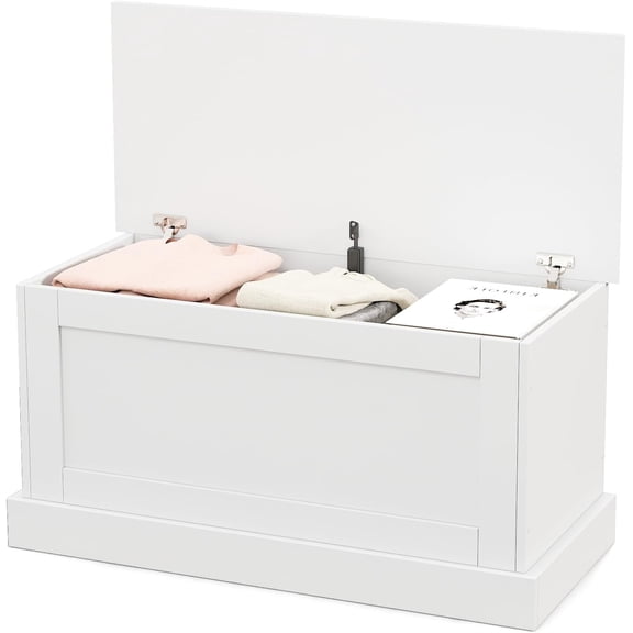 LOKO 35.5” Storage Chest, Lift Top Storage Box with Metal Hinges, Wooden Storage Bench with Safety Hydraulic Strut, Large Modern Storage Trunk for Living Room, Bedroom, Entryway (White)