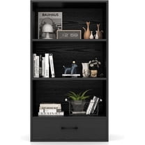 LOKO 4-Tier Bookcase with Storage Drawer, Modern Organizer Display Storage Shelves with Anti-toppling Device, Freestanding Bookshelf with 3 Open Shelves & 1 Drawer, Living Room, Study, Office (Black)