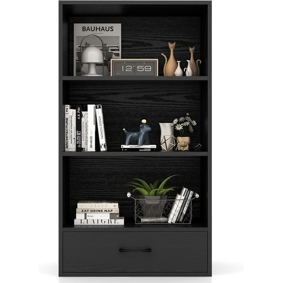 LOKO 4-Tier Bookcase with Storage Drawer, Modern Organizer Display Storage Shelves with Anti-toppling Device, Freestanding Bookshelf with 3 Open Shelves & 1 Drawer, Living Room, Study, Office (Black)