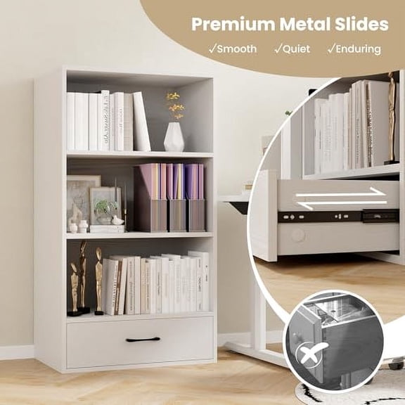 LOKO 4-Tier Bookcase with Storage Drawer, Modern Organizer Display Storage Shelves with Anti-toppling Device, Freestanding Bookshelf with 3 Open Shelves & 1 Drawer, Living Room, St