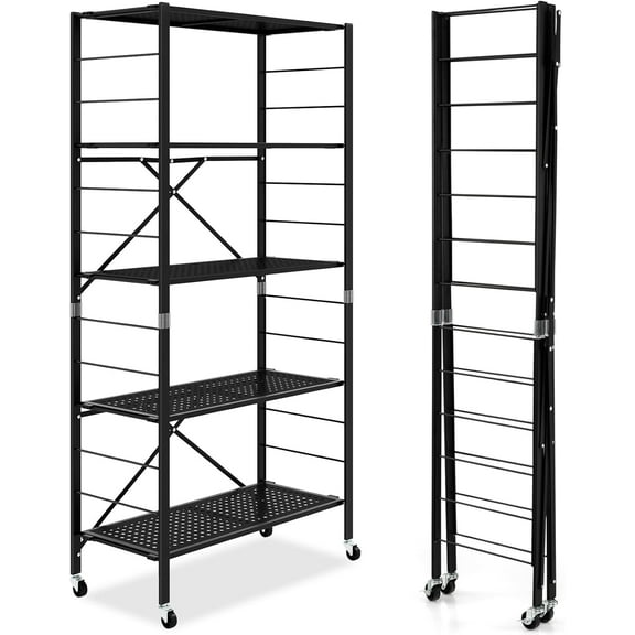 LOKO 5-Tier Folding Storage Shelves with Wheels, 60” Tall Adjustable Metal Shelving Unit, Collapsible Organizer Rack, Freestanding Open Display Shelving Rack for Garage, Kitchen, Easy Assembly (1)