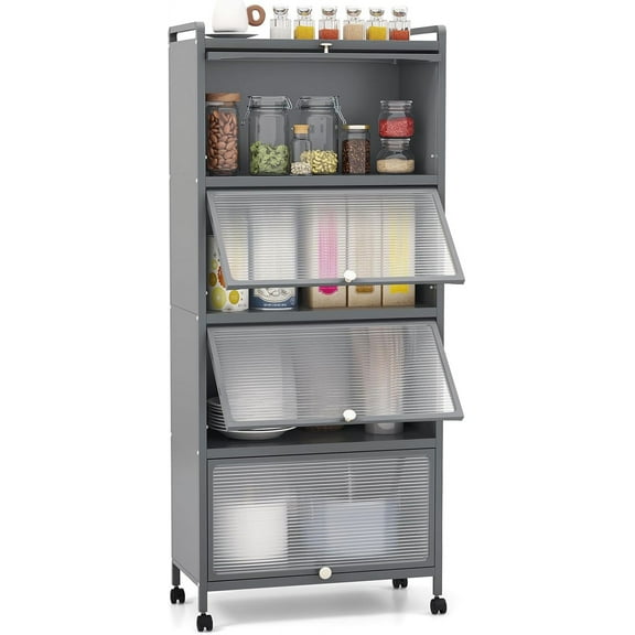 LOKO 5-Tier Kitchen Storage Cabinet,Freestanding Baker’s Rack with 4 Rolling Casters, Mobile Microwave Stand with Double Anti-toppling Device, for Dining Room, Living Room and Study (Grey, 60.5" H)