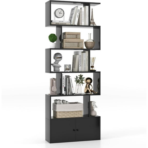 LOKO 6-Tier Geometric Bookcase with Doors, Freestanding Storage Display Shelf with Anti-toppling Devices, S-Shaped Z-Shelf Bookshelf with Cabinet for Living Room, Bedroom, Study (1, Black)
