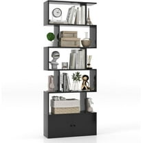 LOKO 6-Tier Geometric Bookcase with Doors, Freestanding Storage Display Shelf with Anti-toppling Devices, S-Shaped Z-Shelf Bookshelf with Cabinet for Living Room, Bedroom, Study (1, Black)