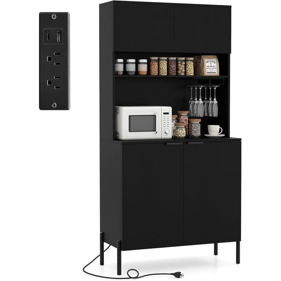 LOKO 64.5” Tall Kitchen Pantry Cabinet, Buffet Sideboard with Charging Station, Modern Wine Bar Cabinet with Wine Glass Rack, Kitchen Hutch Cupboard for Dining Room, Living Room (Black)