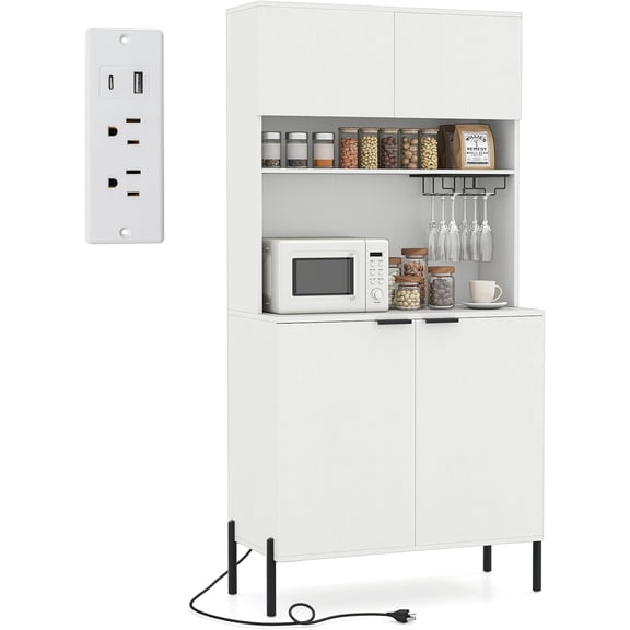 LOKO 64.5” Tall Kitchen Pantry Cabinet, Buffet Sideboard with Charging Station, Modern Wine Bar Cabinet with Wine Glass Rack, Kitchen Hutch Cupboard for Dining Room, Living Room (White)