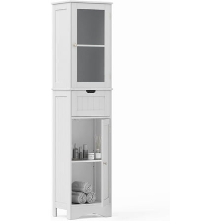 LOKO 67” Tall Bathroom Storage Cabinet with 2 Doors & 1 Drawer, Modern Floor Cabinet with Adjustable Shelves & Frosted Glass Door, Narrow Linen Tower Cabinet for Bathroom Living Room (White)