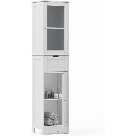 LOKO 67” Tall Bathroom Storage Cabinet with 2 Doors & 1 Drawer, Modern Floor Cabinet with Adjustable Shelves & Frosted Glass Door, Narrow Linen Tower Cabinet for Bathroom Living Room (White)