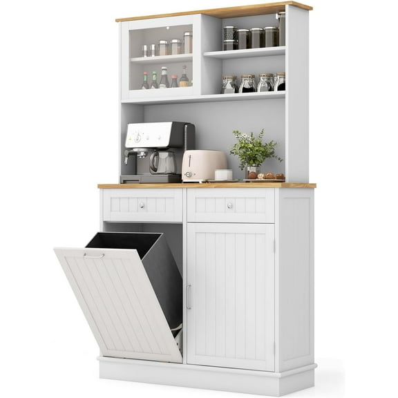 LOKO 68 Tall Kitchen Pantry Cabinet, Wood Sideboard Cupboard with Microwave Countertop, Sliding Glass Door, Freestanding Buffet Hutch with Trash Can Storage, for Home Coffee Bar, White & Natural