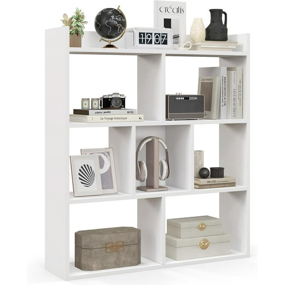 LOKO 7-Cube Bookcase, 4-Tier Storage Display Shelf with Anti-Tipping Kits, Freestanding Wooden Floor Standing Unit, Modern Open-Back Bookshelf for Living Room, Kids Room, Study, Office (1, White)