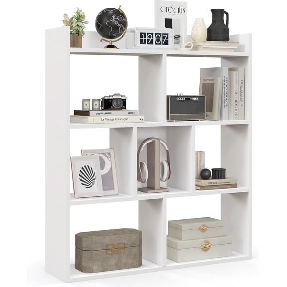 LOKO 7-Cube Bookcase, 4-Tier Storage Display Shelf with Anti-Tipping Kits, Freestanding Wooden Floor Standing Unit, Modern Open-Back Bookshelf for Living Room, Room, Study, Office (1, White)