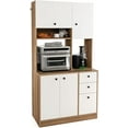 thumbnail image 1 of LOKO 71” Tall Kitchen Pantry Storage Cabinet, Freestanding Buffet Hutch with Doors, Adjustable Shelves, 3 Drawers and Microwave Stand, Kitchen Hutch for Dining Room, Living Room (White & Natural), 1 of 9
