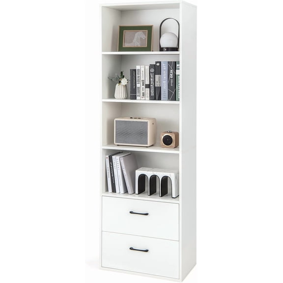 LOKO 74 Inches Tall Bookcase, 6-Tier Modern Tall Storage Cabinet with 2 Drawers & 4 Open Shelves, Freestanding Wooden Bookshelf with Anti-toppling Devices for Living Room, Study, Home Office (White)