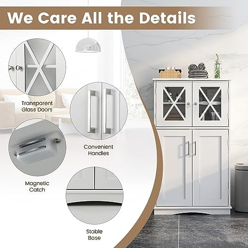 LOKO Bathroom Floor Cabinet With Glass Doors - Storage Organizer With Adjustable Shelf, Black