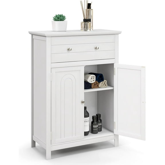 LOKO Bathroom Floor Cabinet, Kitchen Storage Cabinet with 1 Drawer, 2 Doors & 3-Position Adjustable Shelf, 2-Door Floor Storage Cabinet for Bathroom, Living Room, Entryway (White)