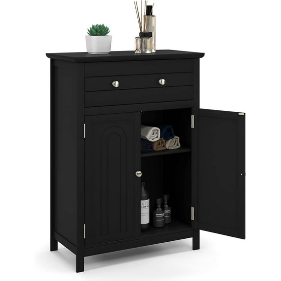 LOKO Bathroom Floor Cabinet, Kitchen Storage Cabinet with 1 Drawer, 2 Doors & 3-Position Adjustable Shelf, 2-Door Floor Storage Cabinet for Bathroom, Living Room, Entryway (Black)