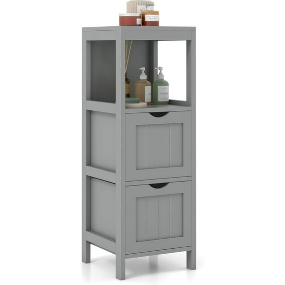 LOKO Bathroom Floor Cabinet, Multifunctional Floor Storage Cabinet with 2 Removable Drawers, Modern Bathroom Cabinet with Anti-toppling Strap, 12 x 12 x 35 inches (Grey)